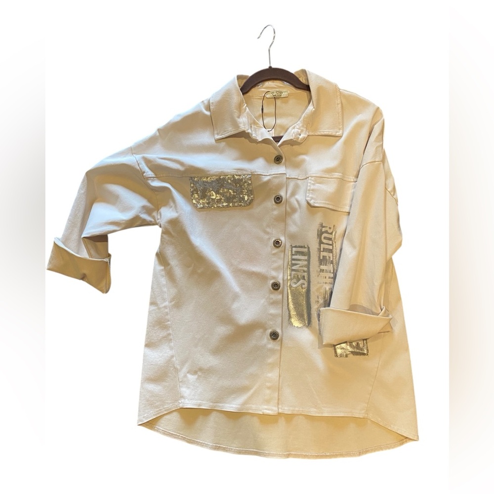 Three Hearts Beige Heavyweight Material Shacket with Silver Sequin & Lettering L